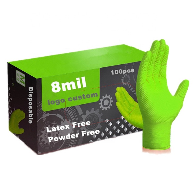 8mil Green Industrial Diamond Textured Nitrile Mechanics Gloves Garage Duty Car Repair Use Mechanical Gloves