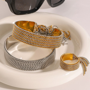 PVD Gold Open Adjustable Fringe Chain Tassel Cuff <b>Bangle</b> Bracelet & Ring <b>Set</b> for Women | Waterproof, Hypoallergenic & Non-Fading - Product Image 4