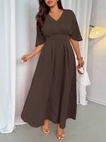 Robe midi à manches cape pour femme, robe plissée fluide à col en V grande taille, tenue formelle et décontractée