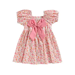 New Style Hot selling fashionable 100% cotton girls Short sleeved dress pink floral princess dress for baby