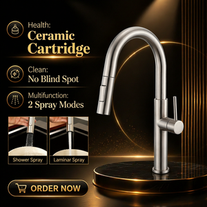 Robinet <span class=keywords><strong>de</strong></span> cuisine monocommande 1 trou en acier inoxydable SUS 304, style européen moderne, avec douchette extractible et flexible <span class=keywords><strong>col</strong></span> <span class=keywords><strong>de</strong></span> <span class=keywords><strong>cygne</strong></span> - Product Image 1