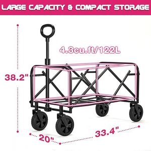 折りたたみ式ホイール付きワゴンカート-折りたたみ式ユーティリティワゴンヘビーデューティー、アウトドアキャンプ用全地形対応ホイール、ピンク - Product Image 4