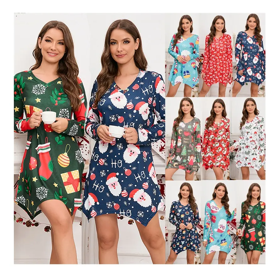 new women christmas tree santa claus print red long sleeve dress 2023 Xmas clothing outfit clothes for women sexy christmas