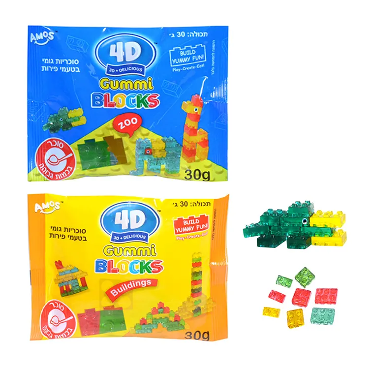 Großhandel benutzer definierte Blöcke geformte Süßigkeiten rot grün stapelbar Kinderspiel zeug Geschenk verpackung Gummibärchen