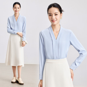 Light Blue V Neck Long Sleeve Shirt Women Solid Color Office Wear Polyester Blouse Simple Design Spring Autumn Commute Top - Product Image 1