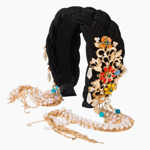 Serre-tête simple tressé à la main, style ethnique, polyvalent, avec pompon, incrustations métalliques et fleur de perles, accessoires pour cheveux femme - Product Image 5