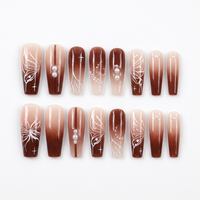 Faux ongles à presser forme cercueil effet ombré bordeaux, faits main, avec art 3D aile blanche perlée, finition brillante, réutilisables, en matériau ABS, pour usage professionnel, vente en gros
