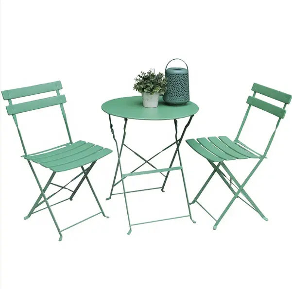 Custom Branded Outdoor Klapp Metall Bistro Tisch Stuhl Set für Cafe Bier Restaurant kommerziellen Esszimmer Eisen Stahl