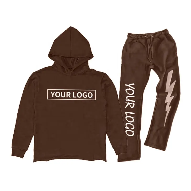 Herren gestapelter Trainings anzug Raw Hem Cut Edge Hoodie und Jogger Jogging hose Set Custom Logo Grafik 3D Puff Print Flared Trainings anzug