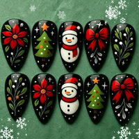 Faux ongles rétro de Noël à pression avec motifs bonhomme de neige, nœud, sapin de Noël et fleurs rouges - Matériau ABS, forme amande - Vente en gros