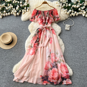 Vestidos Longos Elegantes de Verão com Ombros Descidos, Estampa <span class=keywords><strong>Floral</strong></span>, Sem Mangas e Cintura Ajustável para Mulheres em Férias - Product Image 1
