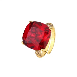 Fashion Jewelry Eco-friendly Copper 16*16mm Red Corundum Zircon Gold Plated Solitaire Diamond <b>Rings</b> Women for Engagement Promise - Product Image 1