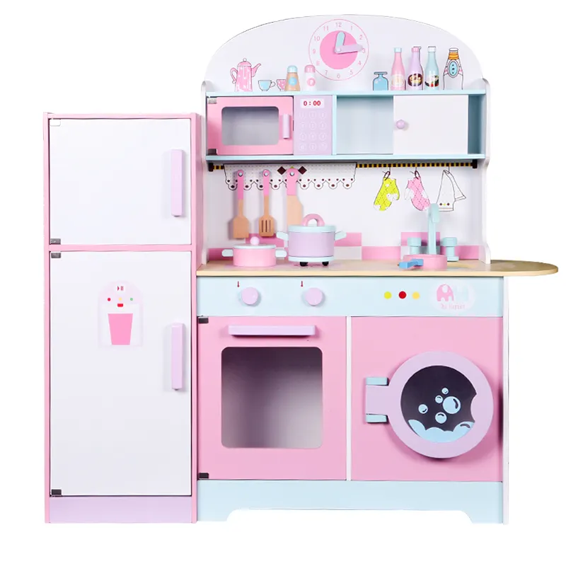 Sıcak satış pembe ahşap büyük mutfak buzdolabı oyuncak kızlar için Pretend oyun eğitim mutfak oyuncaklar çocuklar için