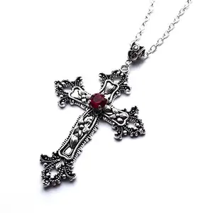 Colar pingente trançado grande detalhado, cruz, joia, cor prata, tom gótico, punk, joias, moda, feminina, colar de presente