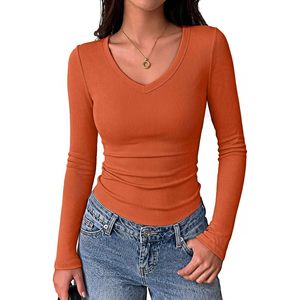 FOXA Haut en tricot côtelé à manches longues et col en V pour femme, coupe ajustée, décontracté, pour l'automne - Product Image 1