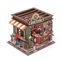 Model Puzzle 3D Kayu Street View, Mainan Edukatif DIY Perakitan Kedai Kopi Mini, Kit Rumah Kafe dengan Lampu LED