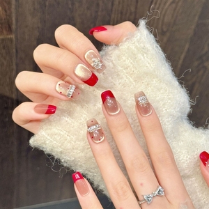 <span class=keywords><strong>Uñas</strong></span> Postizas Acrílicas de Alta Calidad Hechas a Mano, Color Rojo Dorado Champán, Forma Cuadrada Ovalada, Venta al Por Mayor - Product Image 2
