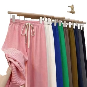 Wholesale Drawstring Loose Long Rib <b>Knitted</b> Trousers Women Summer High Stretch Waist Wide Leg Pants - Product Image 3