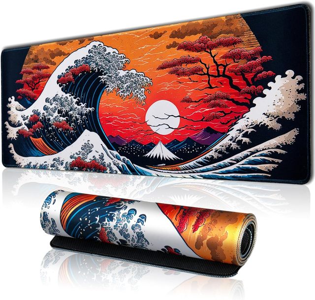 Japanese Sea Waves Large Gaming Mouse Pad Non-Slip Seamed Edges Waterproof Rubber Base Customizable Sizes Scratch-Proof Stock