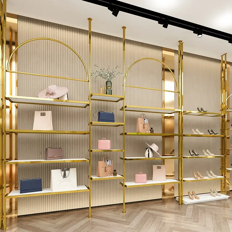 Hoge Kwaliteit Gold Display Plank Meubels Stand Ontwerp Voor Kledingstuk Winkel Kleding Display Rack