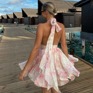 Vestido Mini Halter Floral Romántico Francés para Mujer, Vestido Corto con Cintura Ajustada y Falda Acampanada, Vestido de Verano para Playa, Vacaciones y Fiestas - Product Image 5