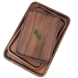 Custom Rustic Rectangle Round Snack Sushi Coffee Tea Serving Tray Walnut Wood Tray