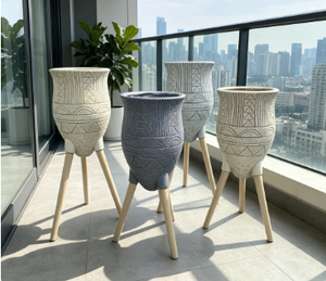 Tribal Geometric Tripod Planter Set, Tall Waisted Embossed Flower <b>Pot</b> with Wooden Legs - Product Image 2