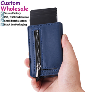 Hot Sale Trifold Premium Leather Cardholder RFID Protection <b>Metal</b> Aluminum Card Holder Slim Magnetic Pop up <b>Wallet</b> With Zipper - Product Image 1