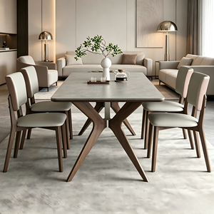 Ensemble <span class=keywords><strong>de</strong></span> salle à manger <span class=keywords><strong>4</strong></span> à 6 <span class=keywords><strong>chaises</strong></span> gris avec <span class=keywords><strong>chaises</strong></span> modernes ovales <span class=keywords><strong>de</strong></span> luxe en teck et pierre frittée pour table à manger en <span class=keywords><strong>bois</strong></span> massif - Product Image 3