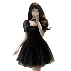 French Style Black Puff Sleeve U Neck Summer Dress With Sheer Layer Mini Skirt For Petite Figures Daily Wear - Product Image 5