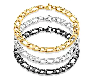 Olivia Stylish Men Bangle, Gold Link Chain Crucible Stainless Steel Figaro Chain Bracelet 4mm 7 Inches