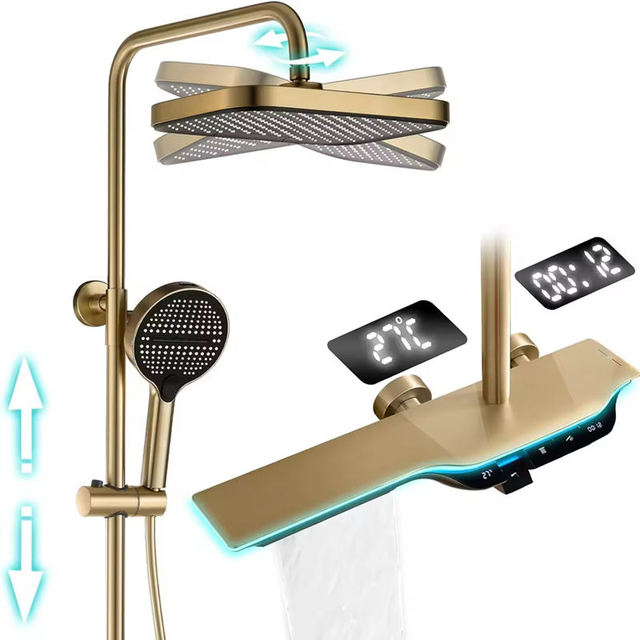 Brushed Gold Faucet Bathroom Led Digital Thermostatic Shower Column Faucet System Set