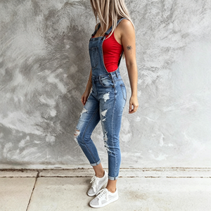 Women Ripped Denim Overalls Slim Fit Suspender Pants Distressed Jean Jumpsuit Side Zipper <strong>Dungarees</strong> Skinny Streetwear Jumpsuit - Product Image 4