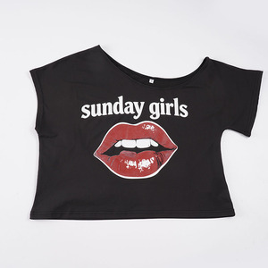 American Street Red Lips Letter Print Loose Fit Off Shoulder Tee Hot Girl Versatile Unique Trendy Hip Hop Top - Product Image 6