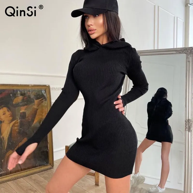 Bclout/QINSI Base Party bodycon Outfits Clothes 2023 Spring Autumn Fashion Black Long Sleeves Hoody Mini Women Knitting Dress