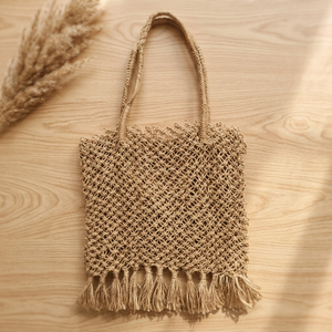 Handwoven Solid Color Jute Tote <b>Bag</b> with Open Closure Crochet <b>Net</b> Design and Tassel Handles for Beach Travel Shopping - Product Image 5