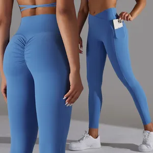 Super Stretchy V cintura Workout Yoga Legging para As Mulheres Personalização Scrunch Fitness Gym Calças Justas com bolsos laterais