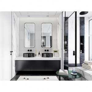 Meubles de salle de bain sur mesure en bois coloré, vasque en marbre, armoires flottantes, vasques de salle de bain modernes, double vasque - Product Image 1