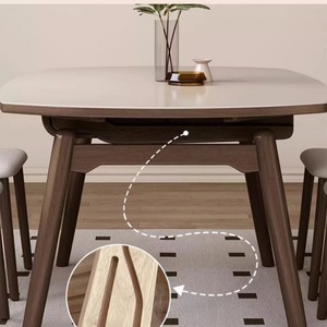 Solid Wood Slab <b>Dining</b> <b>Table</b> Walnut Color Round Extendable <b>Foldable</b> Modern Minimalist Style For Small Homes - Product Image 4