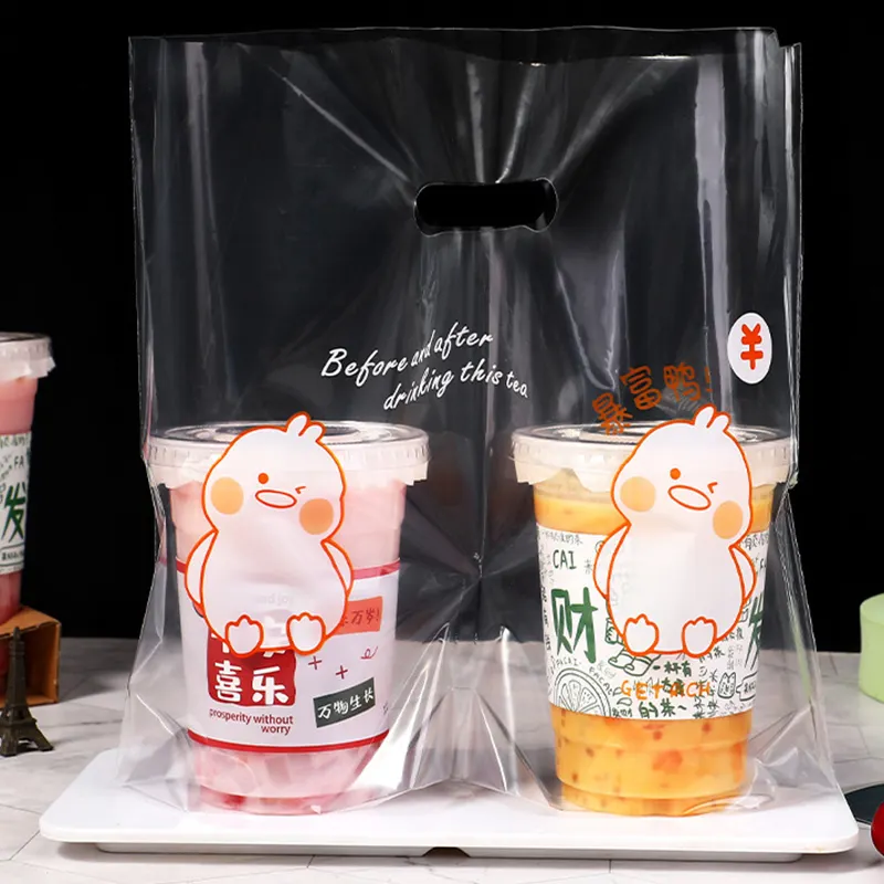 Sacola para viagem com logotipo personalizado, sacola de café e chá com leite, sacola de plástico transparente para bebidas, copo duplo e único, com logotipo personalizado
