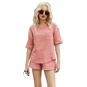 T-shirt Set Women Factory Directly Sell Ladies Pocket T-Shirt Fluffy Loungewear Short Sleeve Short Pants Pajama Sets For Women