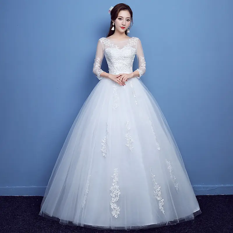 B66 New Korean Style Fashion Brides Lace 3/4 Long Sleeves Backless Bandage Wedding Dresses Patterns