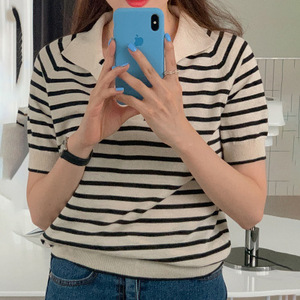 Haut en tricot rayé à col pour femme, manches courtes, coupe ample, tenue décontractée d'été, taille unique - Product Image 4
