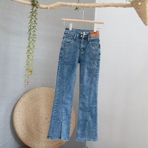 Flared Jeans Mid Waist Straight Leg Regular Fit Double Button <b>Stretch</b> <b>Denim</b> Women's Pants Retro Slit Colored Wash - Product Image 2