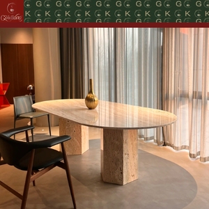 Mesa de Jantar Oval de Luxo Moderna GOLDKING em Travertino Bege Natural com Pernas Hexagonais Duplas Polidas OEM ODM - Product Image 5
