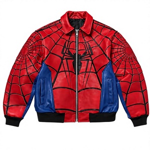 Chaqueta Bomber de PU para Hombre, Diseño de Telaraña Roja y Azul, Cierre de Cremallera, Cuello Camisero, Estilo Casual de Otoño - Product Image 1