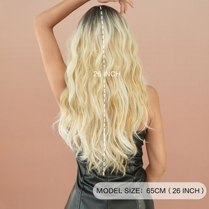 Pelucas onduladas naturales rizadas largas Ombre Rubio medio dividido flequillo pelo sintético con raíces oscuras para mujeres Ombre marrón peluca 26 pulgadas - Product Image 4