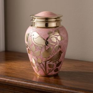 AHO American/European Pink Silver Blessing Birds Metal Urn Keepsake Ashes Modern Cremation Velvet Bag Funerals Supplies - I H C - Product Image 1