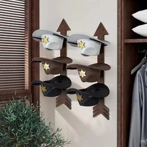 Wooden Cowboy Hat Storage Rack <b>Wall</b> <b>Mounted</b> 3 Tier Geometric <b>Shelf</b> For Living Room - Product Image 2