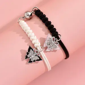 Pulsera De Pareja joyería del Día de San Valentín blanco negro cuerda mariposa encanto pulsera novia diamantes de imitación conjunto de pulsera a juego